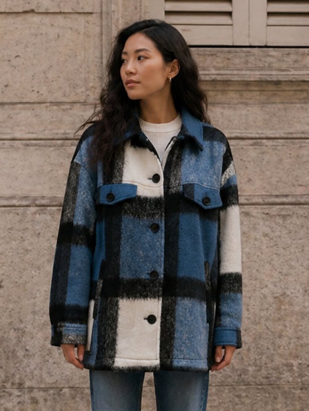 Zara Wool Blend Italian Fabric Color Block Coat Small Oversized Button Up